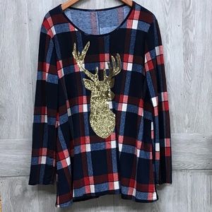 Plus Size Sequin Reindeer Long Sleeve Top Navy Red